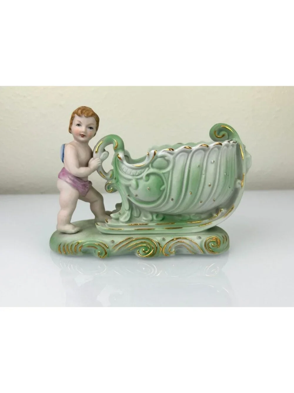 Occupied Japan Andrea Sadek Bisque Cherub Angel Sleigh Planter VTG Gift 1940s